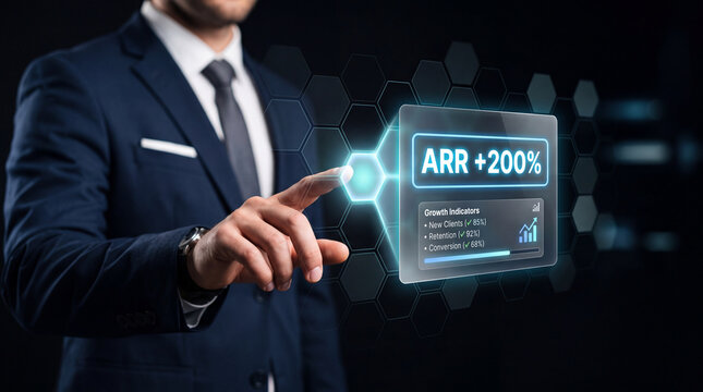 Business professional touching a futuristic holographic ARR annual recurring revenue interface showing growth metrics against a honeycomb background