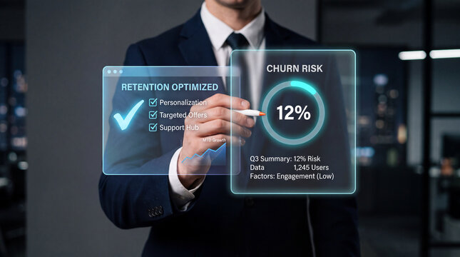 Business professional holding a stylus pen interacting with a futuristic holographic churn risk and retention optimization interface
