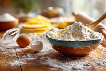 Fototapeta premium Rustic kitchen scene with a bowl of flour, eggs, and a whisk, ready for baking on a wooden table with a soft natural light background.