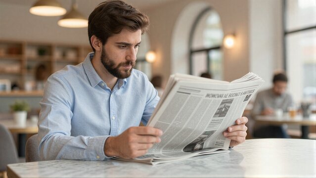 Man reads newspaper at cafe table, focused on current events in quiet setting.