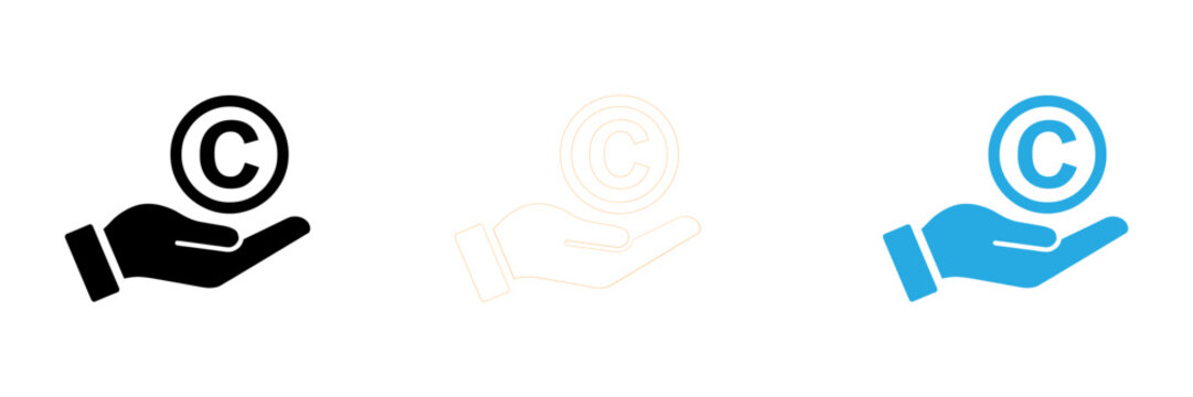 Set of three copyright icons showing a hand holding a circle symbol representing intellectual property and legal protection