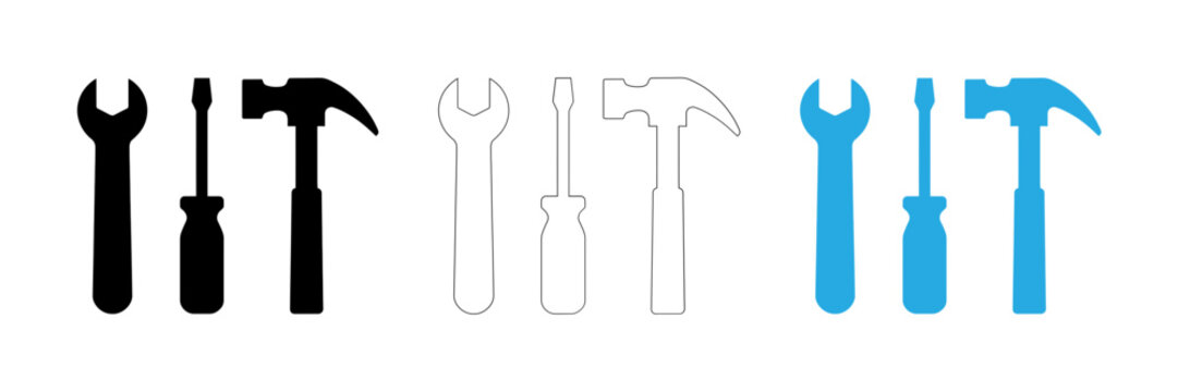 Set of wrench and hammer tools in different color variations for design projects