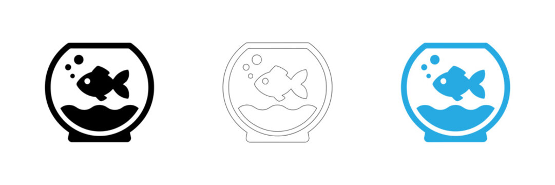 Aquarium fishbowl icon set including black outline and blue filled versions