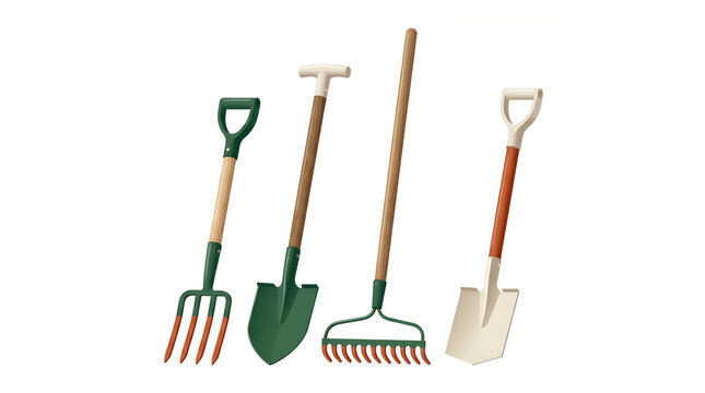 Collection of gardening tools including spades forks and rakes on a white background