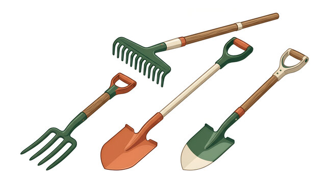 Vector illustration of gardening tools including a rake gardeningtools shovel