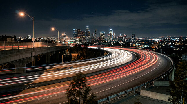 Night city skyline with light trails on a curved highway