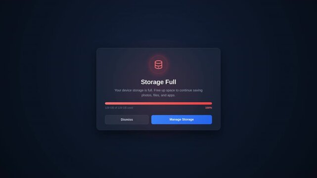 Memory storage full notification in dark background