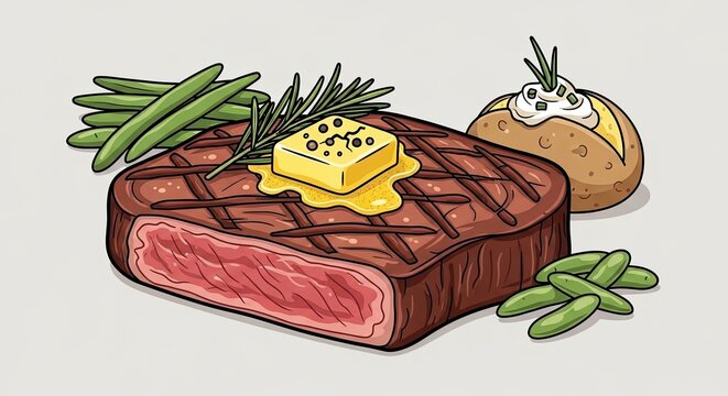 Grilled steak with butter and vegetables culinary illustration
