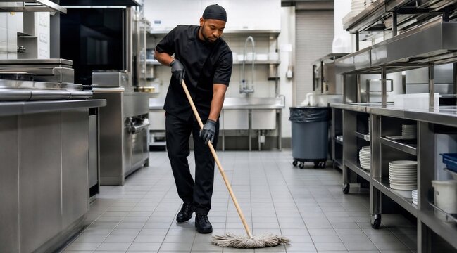 Chef cleans commercial kitchen floor with mop