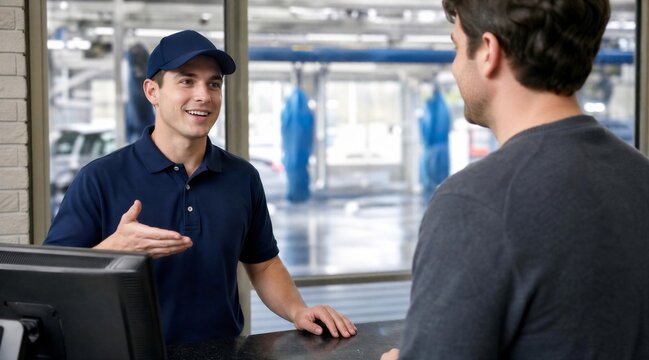 Car wash employee assists customer at counter