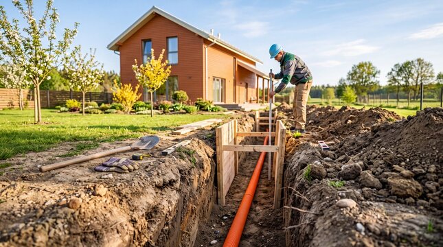 Worker in hard hat measuring an excavated trench with orange corrugated pipe and wooden shoring beside a modern red residential house in spring garden.