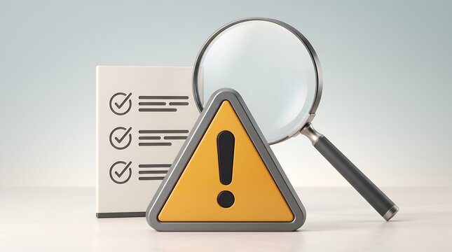 Regulatory compliance review symbol with hazard triangle and magnifying glass analyzing corporate checklist document