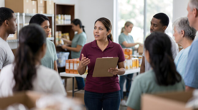 Volunteer leader giving instructions to diverse group