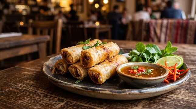 Golden brown crispy deep-fried spring rolls stacked on a dark ceramic plate with sweet and spicy dipping sauce, fresh herbs, lime slices, and red chili garnish on a rustic wooden table.