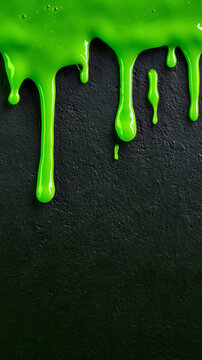 Neon Green Slime Ooze on Black Grunge Surface, Toxic Dripping Halloween Background with Eerie Horror Atmosphere and Vertical Copy Space
