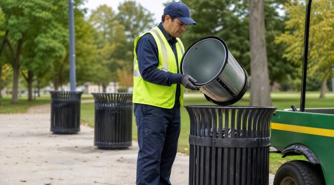 Worker emptying trash bin in park