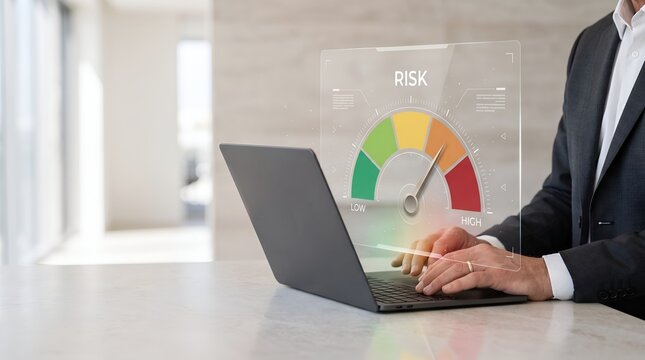 Operational risk monitoring and hazard warning system concept shown by a corporate executive typing at a desk