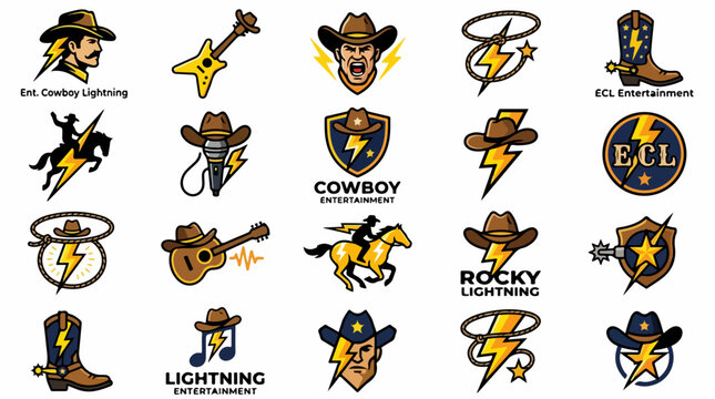 Collection of Western Cowboy and Lightning Bolt Logo Concepts