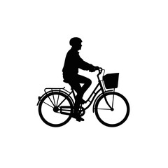 Fototapeta premium Solid black silhouette of casual rider on classic city bicycle with basket