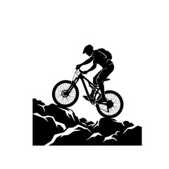 Naklejka premium Solid black silhouette of mountain biker riding over rough terrain