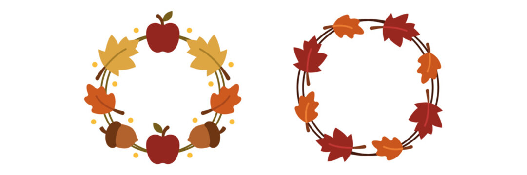 Two decorative autumn wreaths featuring colorful fall leaves apples and acorns.
