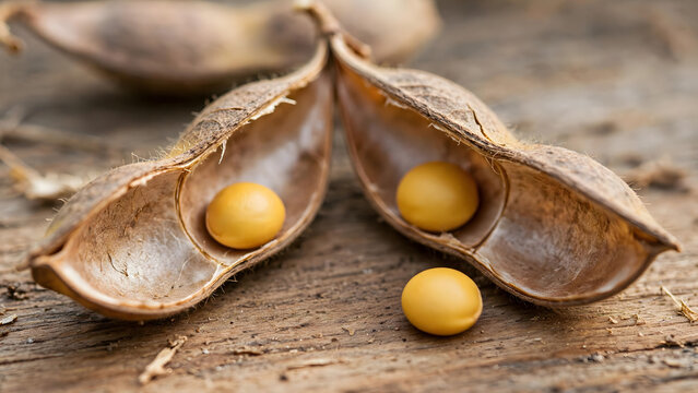 Soybean Harvest Close-up: Golden soybeans in their pods, showcasing the rich harvest on a rustic wooden surface, symbolizing growth and agricultural bounty.