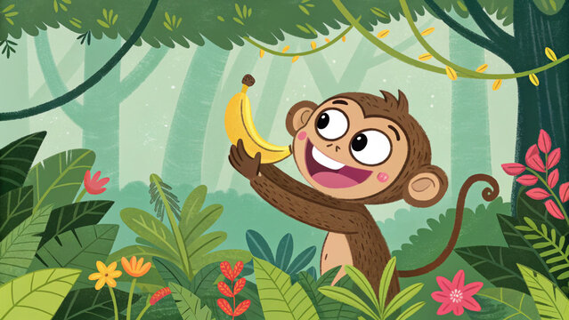 Joyful cartoon monkey with banana in lush jungle environment illustration
