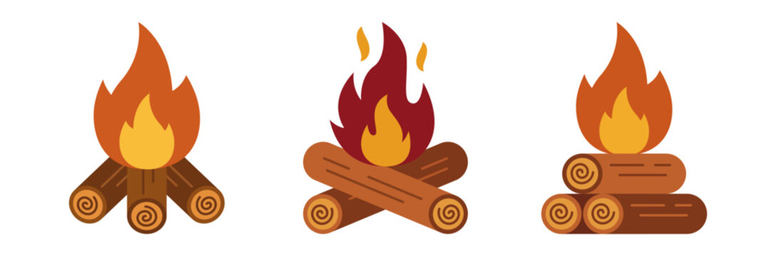 Set of three stylized campfire illustrations with burning logs for autumn season.