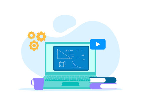 A laptop screen displaying math formulas and diagrams, representing digital learning, online education, or STEM e-learning platforms. Course illustrations. Flat vector concepts.