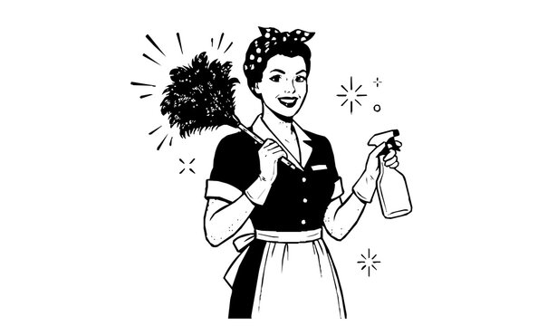 Professional retro cleaning service woman with feather duster and spray bottle vintage pop art advertising vector