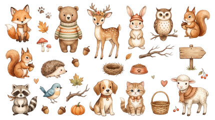 Fototapeta premium World Animal Day Watercolor Clipart Collection with Cute Woodland Animals, Pets and Nature Elements