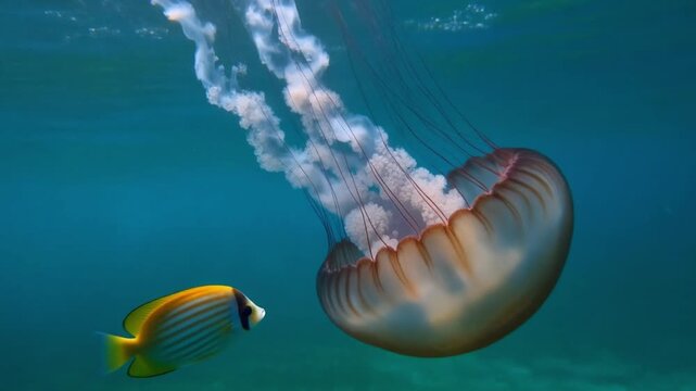 Small tropical butterflyfish eating jellyfish in deep blue ocean
