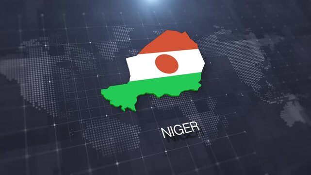 Niger map with national flag on digital world map background, geographic border, global political and international news concept