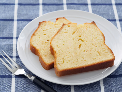 Homemade Pound Cake Slices Served with Fork, Close-up