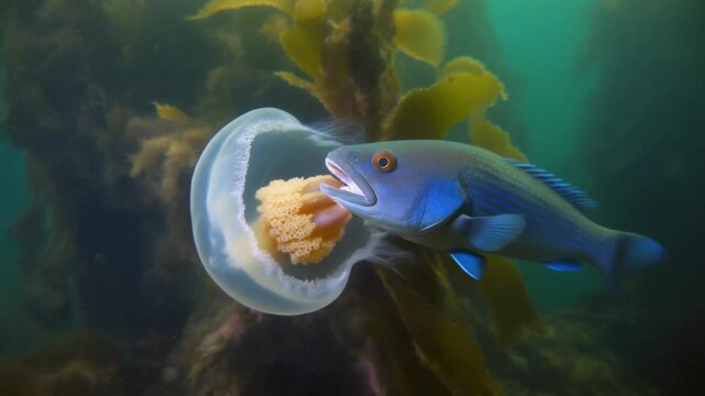 Wild blue fish eating jellyfish in an underwater kelp forest