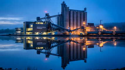 Naklejka premium Industrial Complex Reflected at Dusk: An imposing industrial complex, with towering silos and intricate conveyor systems, stands silhouetted against the twilight sky.