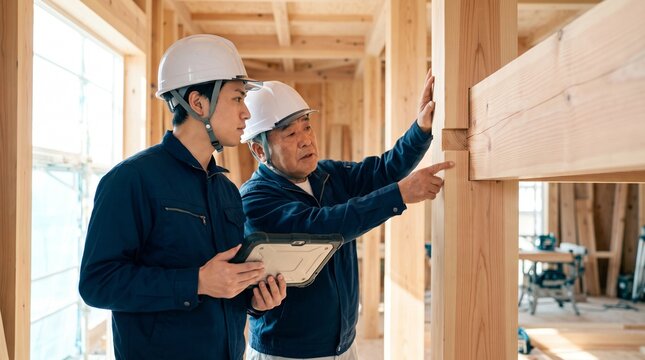 建設現場で柱と梁の構造を指差しタブレットを用いてOJT指導と技術継承を行う現場監督の日本人男性