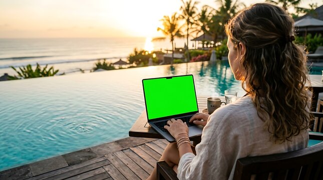 Female digital nomad working on a laptop with green screen mock-up by a luxury infinity pool overlooking the ocean during sunset