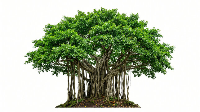 Majestic Green Banyan Tree with Hanging Aerial Roots Isolated on White Background