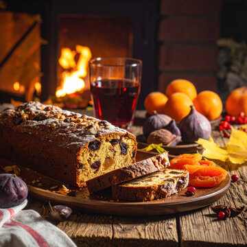 Fruitcake Christmas holiday dessert rustic cozy fireplace winter slice homemade festive fruitcake Christmas holiday dessert rustic wooden table, cozy fireplace background Christmas Concept