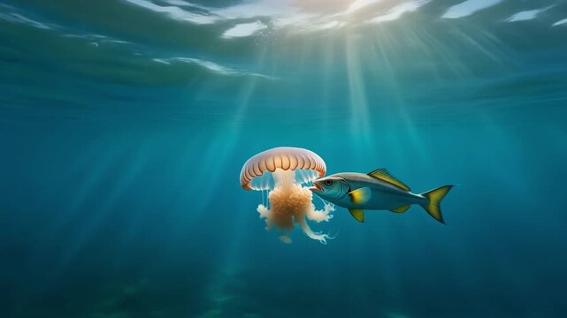Underwater scene of a fish eating jellyfish in the deep blue ocean
