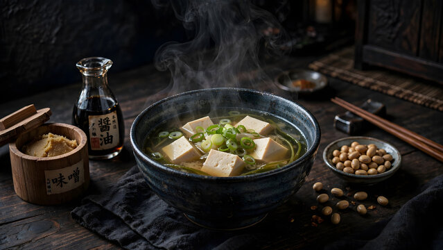 Steaming Miso Soup: A traditional bowl of steaming miso soup, featuring silken tofu and fresh scallions, served alongside soy sauce and edamame, evoking a sense of warmth and comfort.