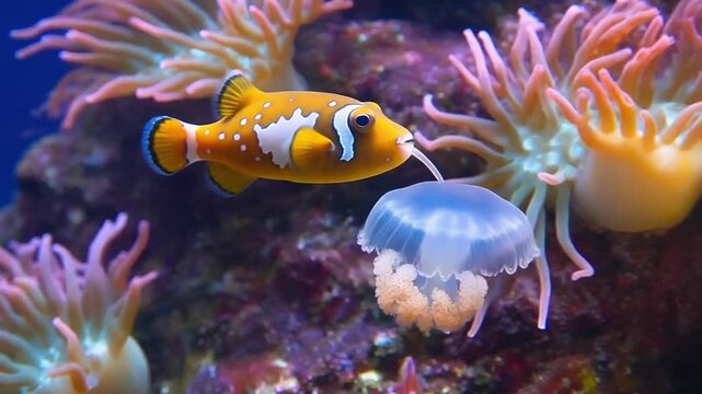 Colorful tropical fish eating jellyfish near coral reef anemones
