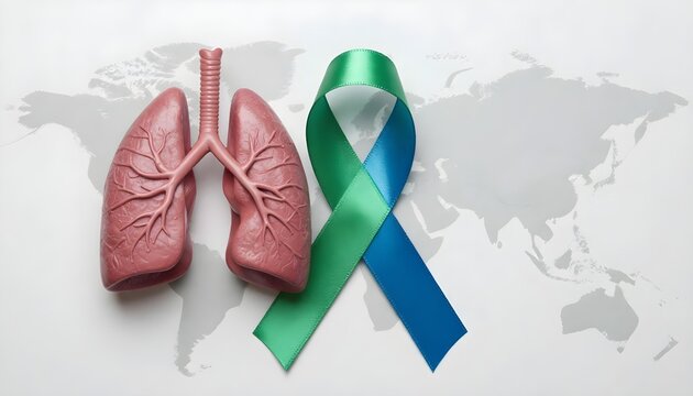 Lungs featuring a green teal ribbon over a world map, emphasizing awareness for Pulmonary Fibrosis and a breath of hope