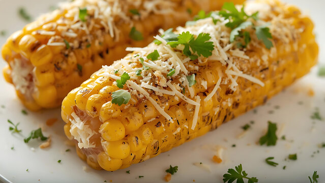 Delicious Grilled Corn on the Cob with Parmesan Cheese and Herbs, Close-up Shot