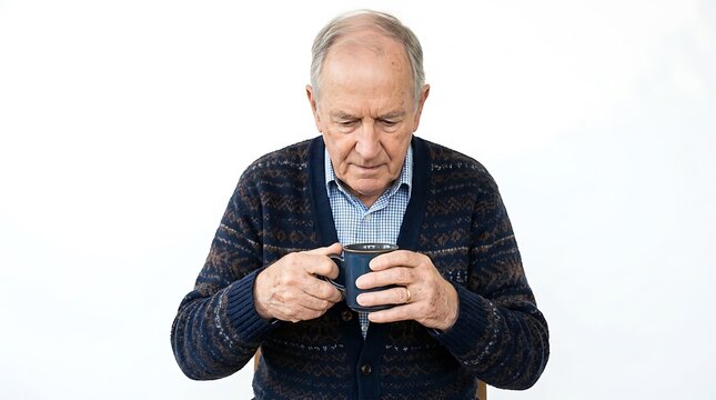 Elderly man holding a mug of hot beverage, looking down thoughtfully