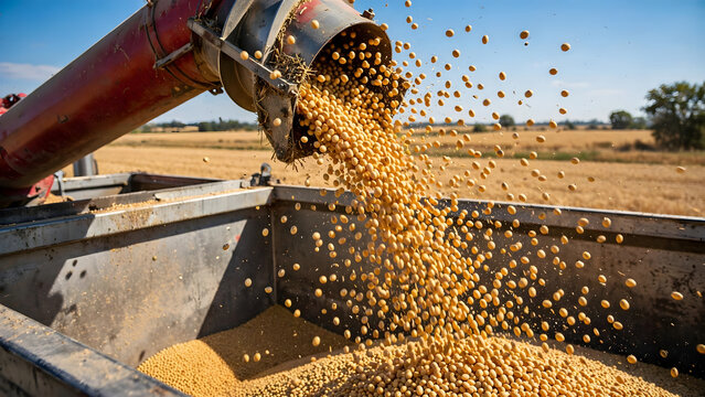 Harvest Time: A close-up shot captures a tractor's auger conveyor system unloading a rich harvest of golden soybeans into a waiting trailer on a sunny day.