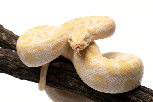 Yellow albino burmese python snake resting on tree branch