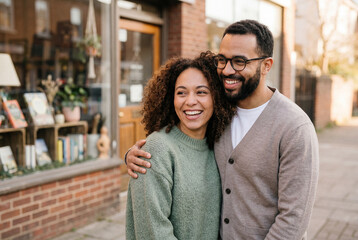 Fototapeta premium Happy young couple smiling and embracing outside a brick storefront on a city street