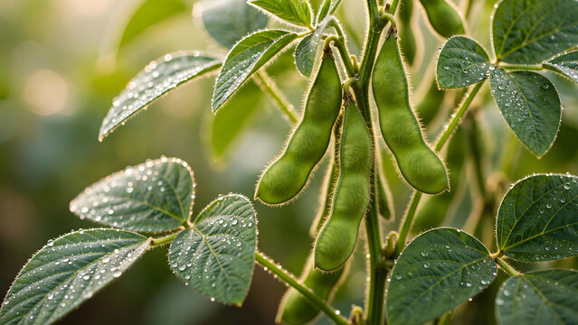 Soybean Pods After Rain: Close-up of vibrant green soybean pods on a plant, glistening with dew drops after a refreshing rain, highlighting the beauty of agricultural growth.